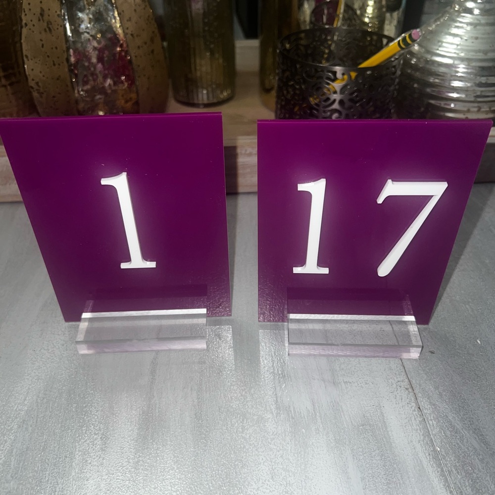 Plum and white acrylic table numbers